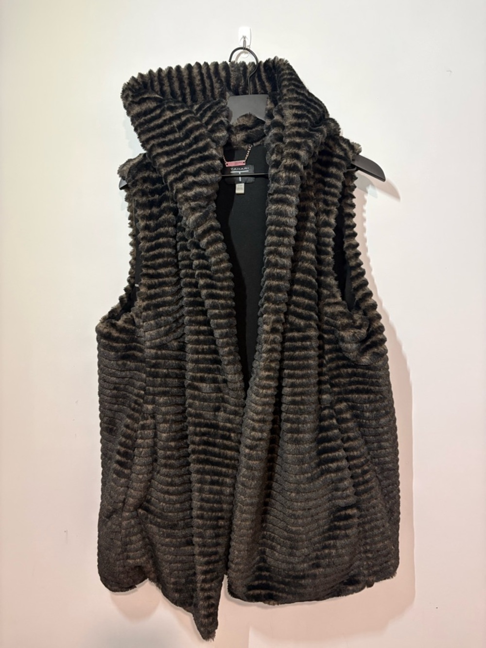 Tahari Brown Faux Fur Hooded Vest with Gold Chain Accent